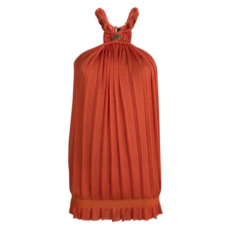 Pre Owned Roberto Cavalli Orange Plisse Knit Knotted Sleeveless Top S