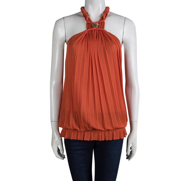 Pre Owned Roberto Cavalli Orange Plisse Knit Knotted Sleeveless Top S