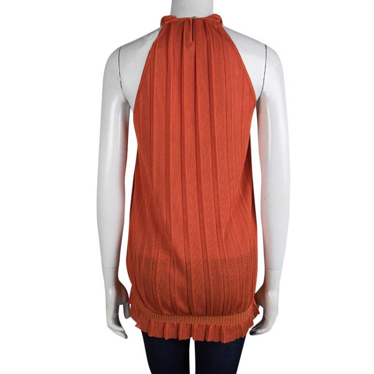 Pre Owned Roberto Cavalli Orange Plisse Knit Knotted Sleeveless Top S