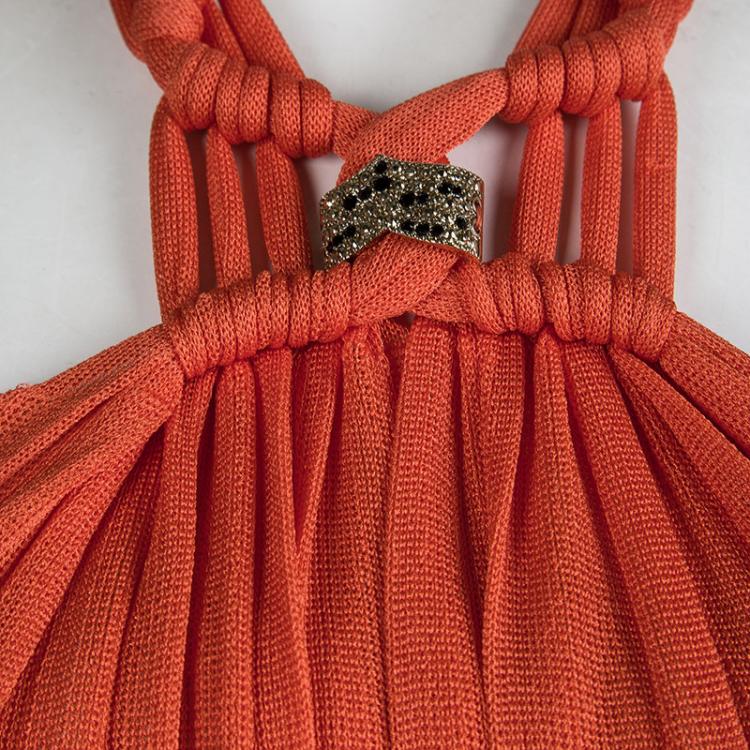 Pre Owned Roberto Cavalli Orange Plisse Knit Knotted Sleeveless Top S