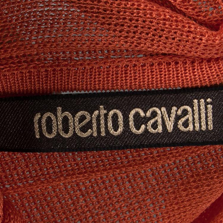 Pre Owned Roberto Cavalli Orange Plisse Knit Knotted Sleeveless Top S