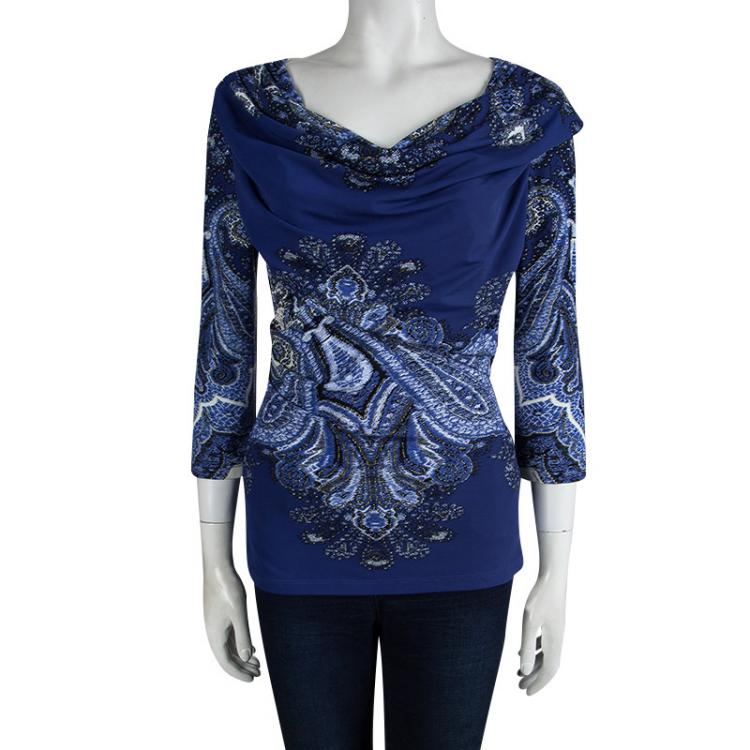 Pre Owned Roberto Cavalli Blue Printed Draped Top M