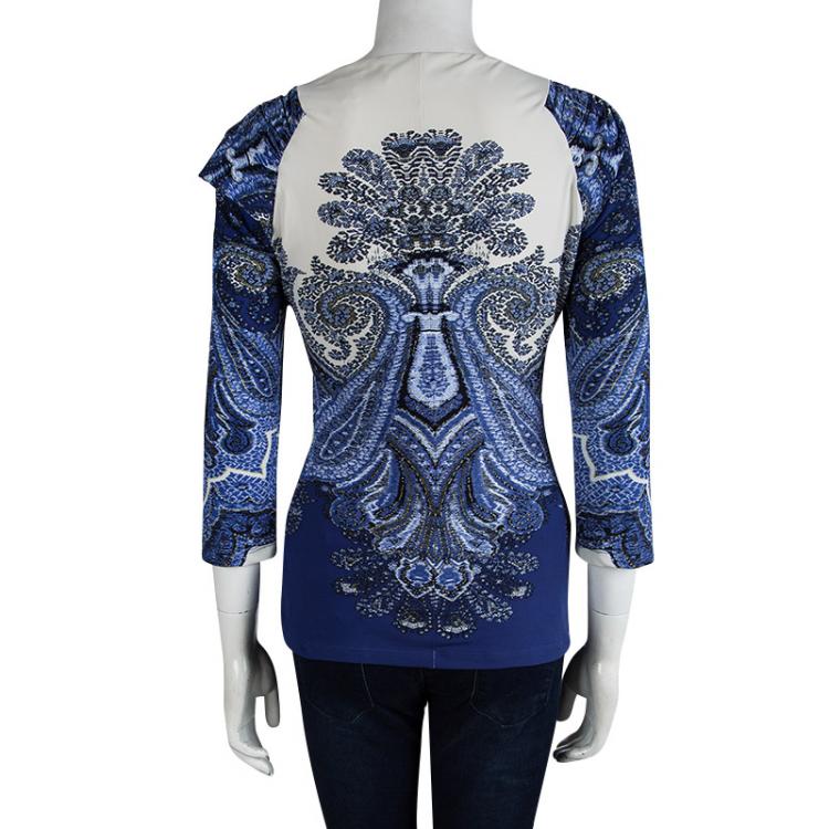 Pre Owned Roberto Cavalli Blue Printed Draped Top M