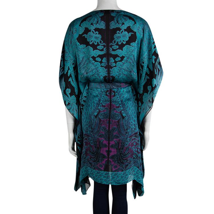 Pre Owned Roberto Cavalli Blue Printed Silk Tie Detail Kaftan Tunic M