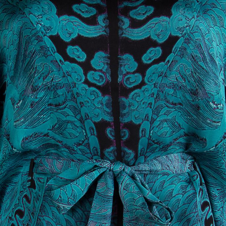Pre Owned Roberto Cavalli Blue Printed Silk Tie Detail Kaftan Tunic M