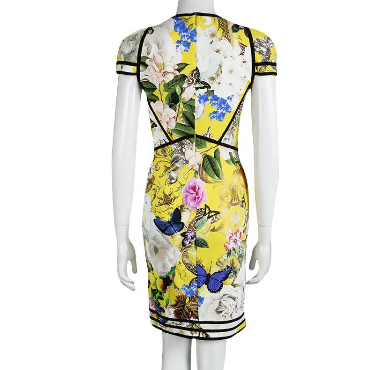 Pre Owned Roberto Cavalli Yellow Printed Cap Sleeve V- Neck Dress M