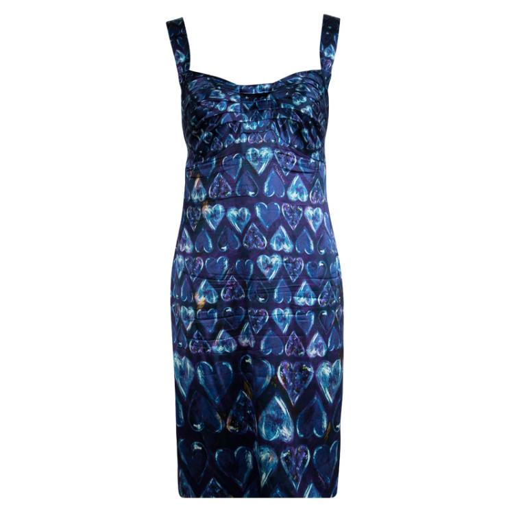 Pre Owned Roberto Cavalli Blue Heart Print Silk Sleeveless Dress M
