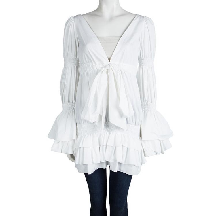 Pre Owned Roberto Cavalli White Cotton Ruffle Detail Smocked Trumpet Sleeve Tunic S