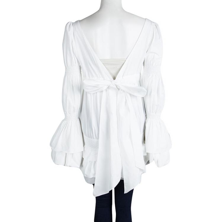Pre Owned Roberto Cavalli White Cotton Ruffle Detail Smocked Trumpet Sleeve Tunic S