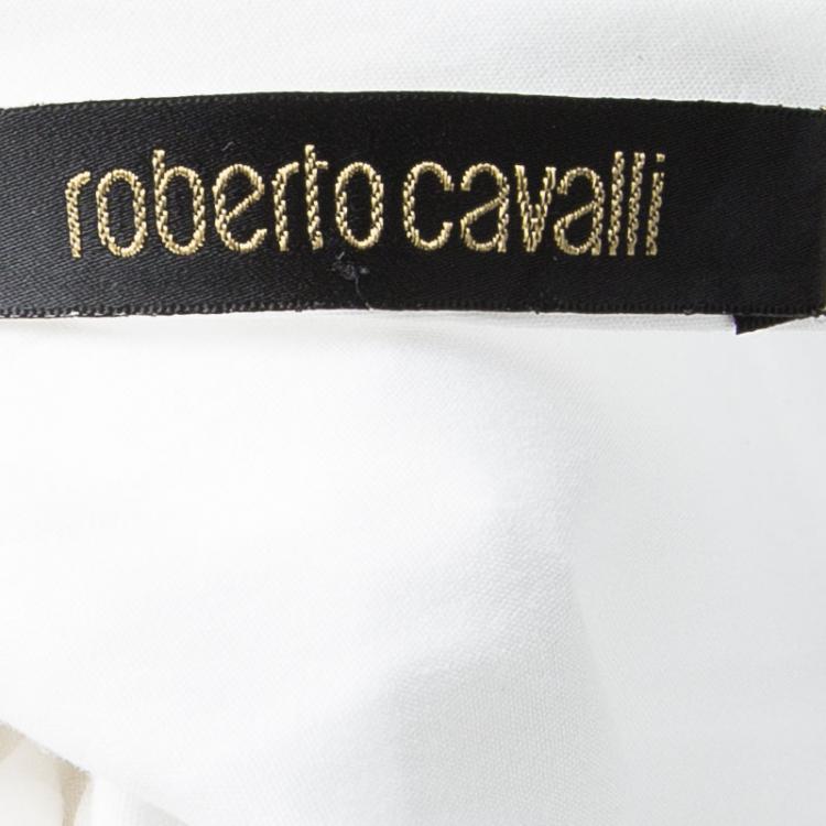 Pre Owned Roberto Cavalli White Cotton Ruffle Detail Smocked Trumpet Sleeve Tunic S