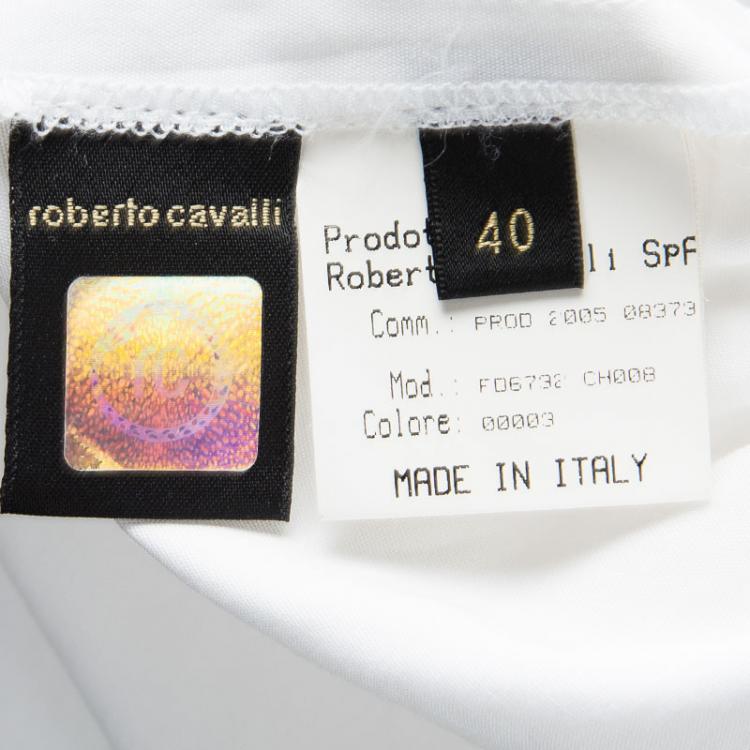 Pre Owned Roberto Cavalli White Cotton Ruffle Detail Smocked Trumpet Sleeve Tunic S