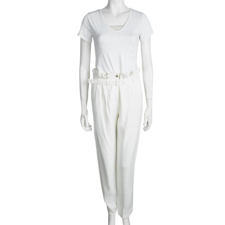 Pre Owned Roberto Cavalli White Pleat Detail Belted Pants S