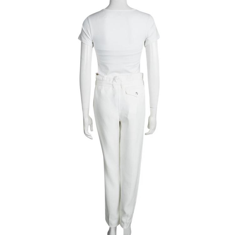 Pre Owned Roberto Cavalli White Pleat Detail Belted Pants S