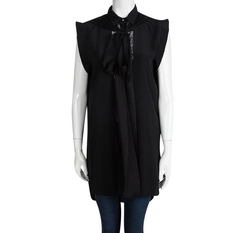 مملوكة مسبقًا Roberto Cavalli Black Silk Lace Insert Tie Detail High Low Tunic M