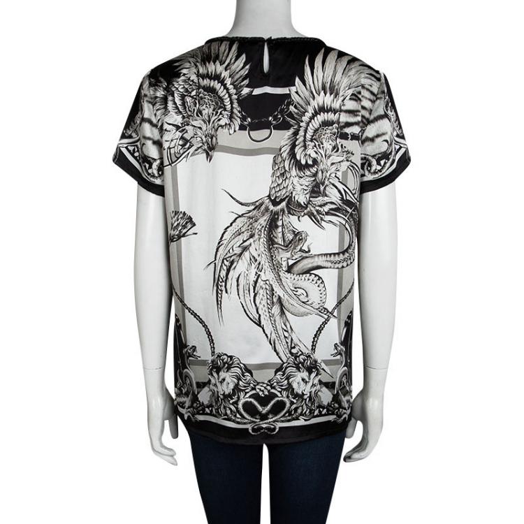 Pre Owned Roberto Cavalli Monochrome Printed Short Sleeve Top M