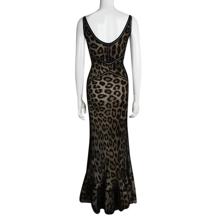 Pre Owned Roberto Cavalli Leopard Print Tricot Mesh Overlay Maxi Dress S