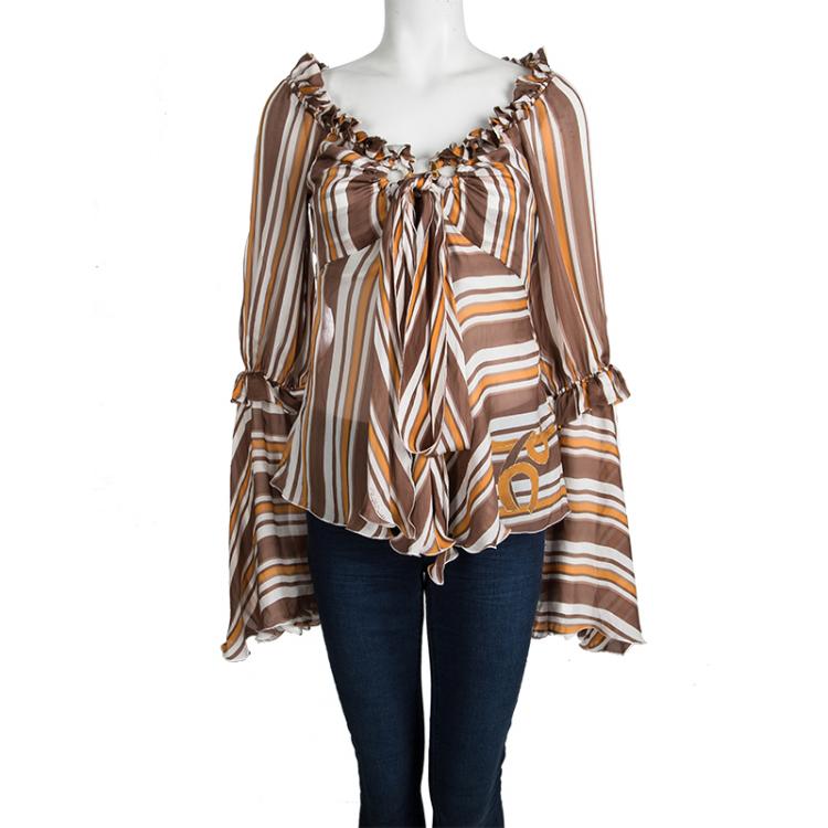 Pre Owned Roberto Cavalli Multicolor Striped Silk Tie Detail Long Sleeve Top M