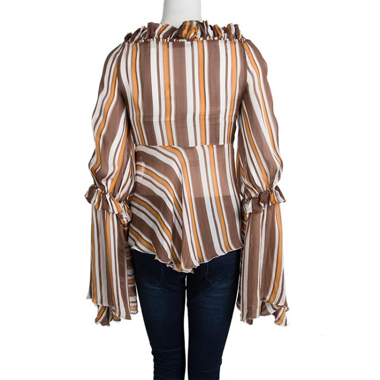 Pre Owned Roberto Cavalli Multicolor Striped Silk Tie Detail Long Sleeve Top M