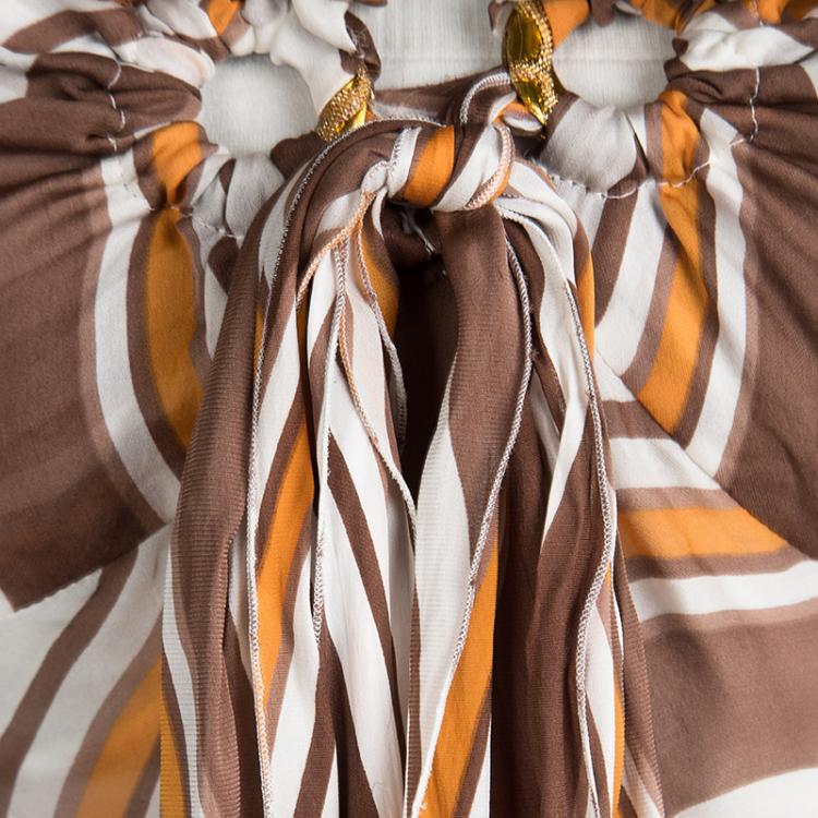 Pre Owned Roberto Cavalli Multicolor Striped Silk Tie Detail Long Sleeve Top M