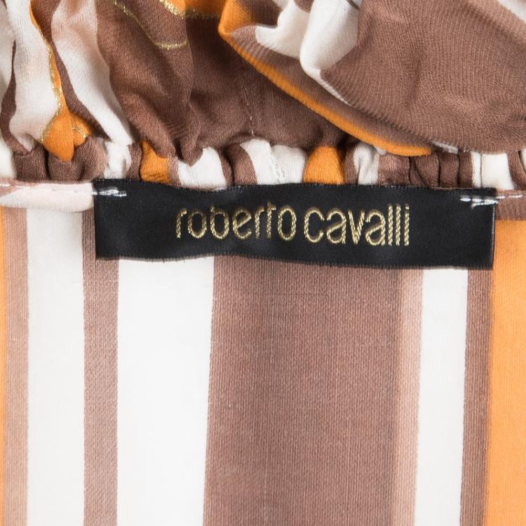 Pre Owned Roberto Cavalli Multicolor Striped Silk Tie Detail Long Sleeve Top M