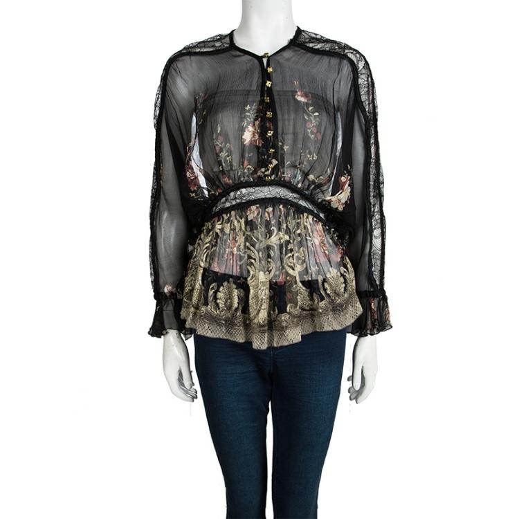 مملوكة مسبقًا Roberto Cavalli Black Floral Printed Silk Lace Insert Long Sleeve Blouse M