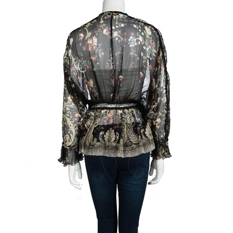 مملوكة مسبقًا Roberto Cavalli Black Floral Printed Silk Lace Insert Long Sleeve Blouse M