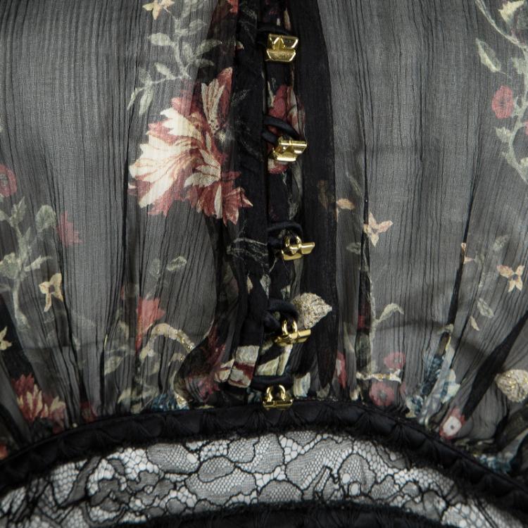 مملوكة مسبقًا Roberto Cavalli Black Floral Printed Silk Lace Insert Long Sleeve Blouse M
