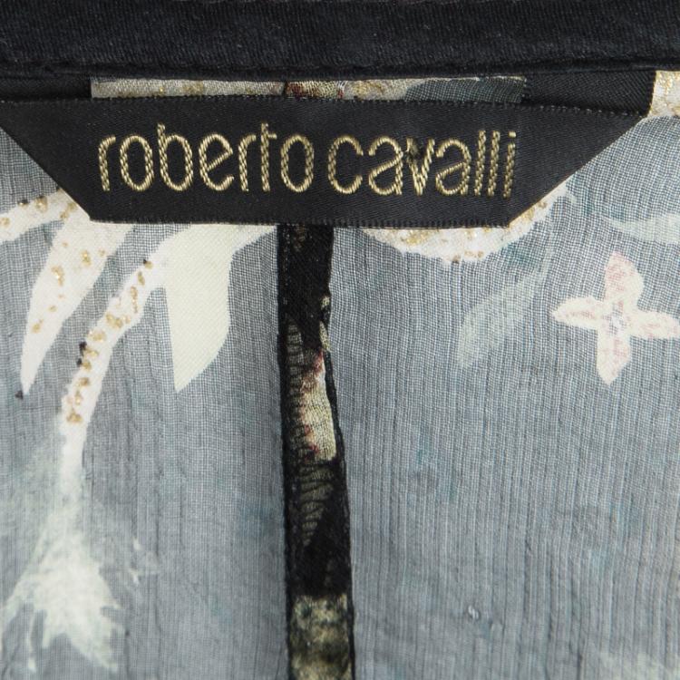 مملوكة مسبقًا Roberto Cavalli Black Floral Printed Silk Lace Insert Long Sleeve Blouse M