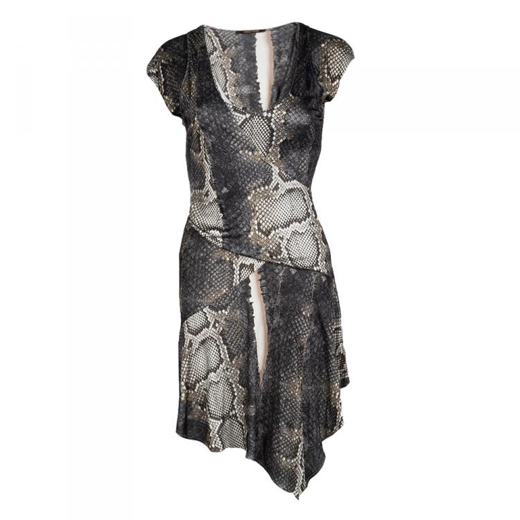 Pre Owned Roberto Cavalli Grey Snake Printed Draped Cap Sleeve Dress S