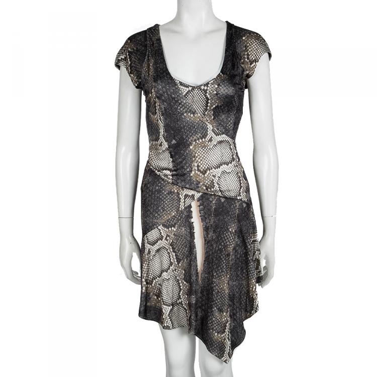 Pre Owned Roberto Cavalli Grey Snake Printed Draped Cap Sleeve Dress S