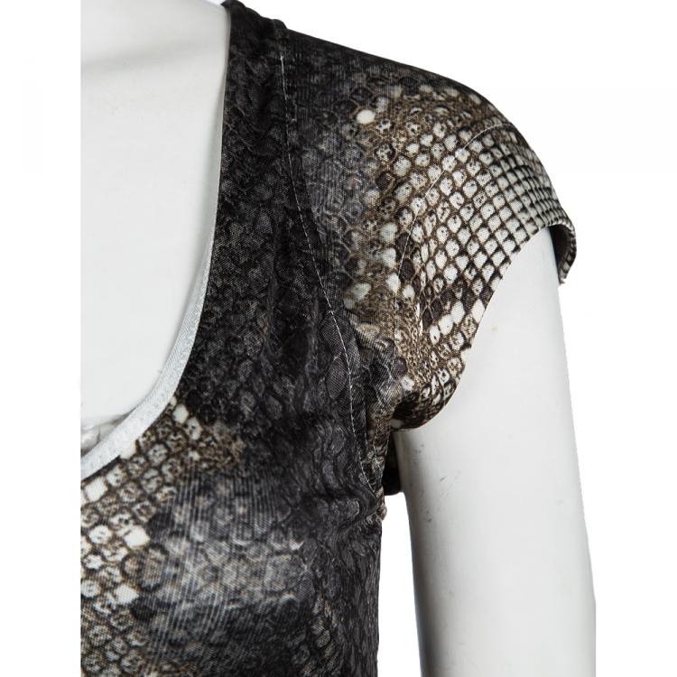 Pre Owned Roberto Cavalli Grey Snake Printed Draped Cap Sleeve Dress S