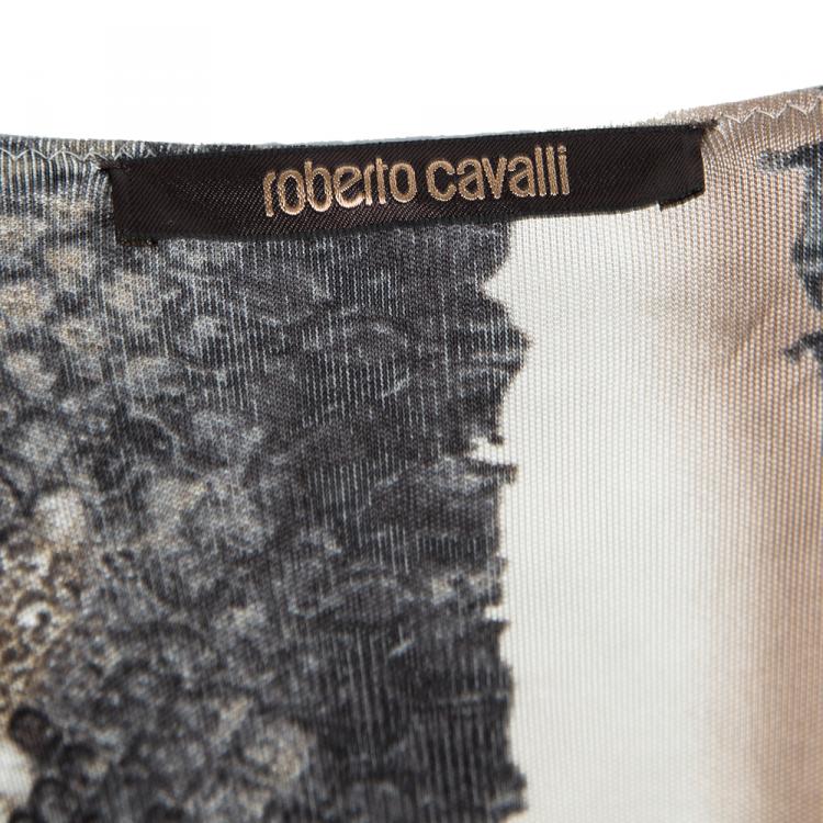 Pre Owned Roberto Cavalli Grey Snake Printed Draped Cap Sleeve Dress S