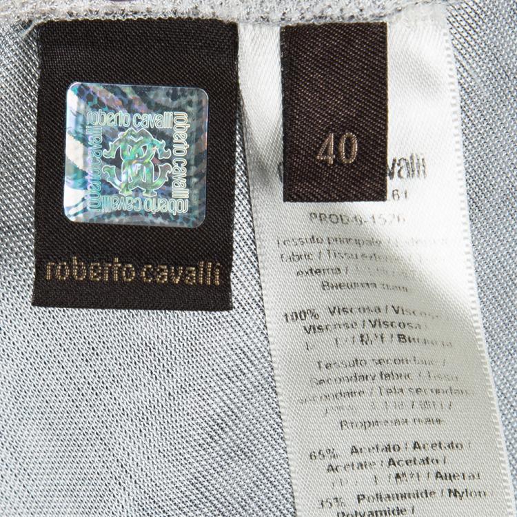 Pre Owned Roberto Cavalli Grey Snake Printed Draped Cap Sleeve Dress S