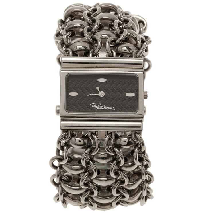Pre Owned Roberto Cavalli Black Stainless Steel Chain Women's Wristwatch 28MM