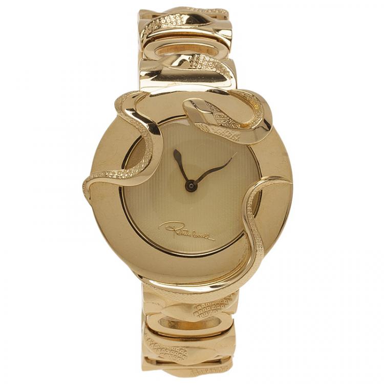 Pre Owned Roberto Cavalli Cream Gold-Plated Stainless Steel  Snake Women's Wristwatch 38MM
