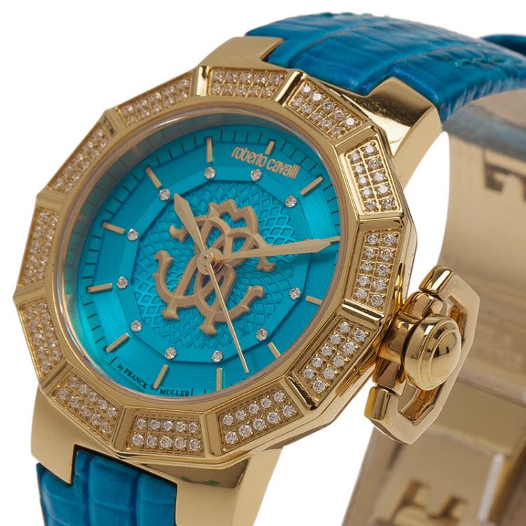 Pre Owned Roberto Cavalli Blue Gold-Plated Stainless Steel Women's Wristwatch 35MM
