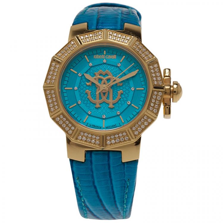 Pre Owned Roberto Cavalli Blue Gold-Plated Stainless Steel Women's Wristwatch 35MM