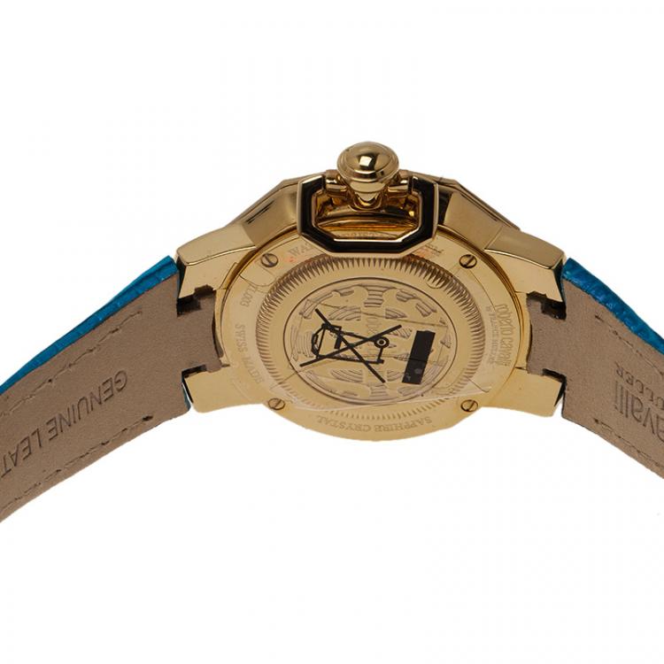 Pre Owned Roberto Cavalli Blue Gold-Plated Stainless Steel Women's Wristwatch 35MM