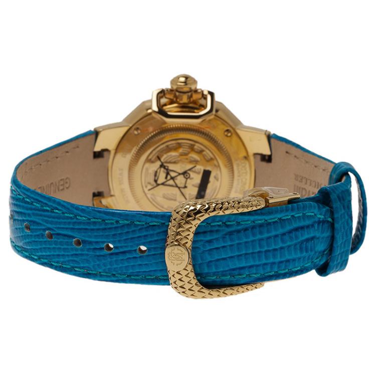 Pre Owned Roberto Cavalli Blue Gold-Plated Stainless Steel Women's Wristwatch 35MM