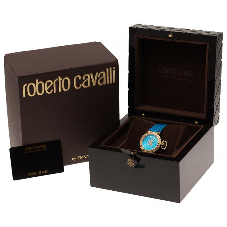 Pre Owned Roberto Cavalli Blue Gold-Plated Stainless Steel Women's Wristwatch 35MM