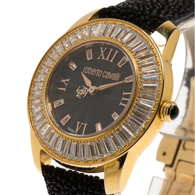 Pre Owned Roberto Cavalli Black Gold-Plated Stainless Steel Crystal Fugit Women's Wristwatch 37MM
