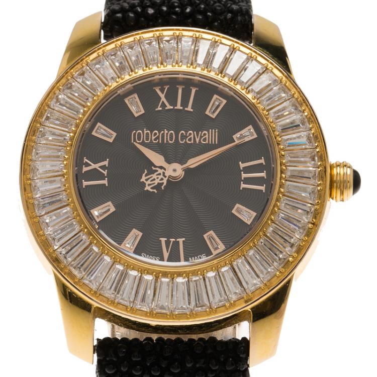 Pre Owned Roberto Cavalli Black Gold-Plated Stainless Steel Crystal Fugit Women's Wristwatch 37MM