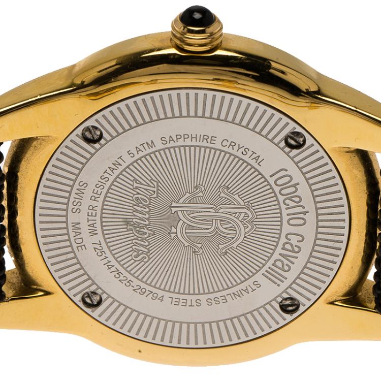 Pre Owned Roberto Cavalli Black Gold-Plated Stainless Steel Crystal Fugit Women's Wristwatch 37MM
