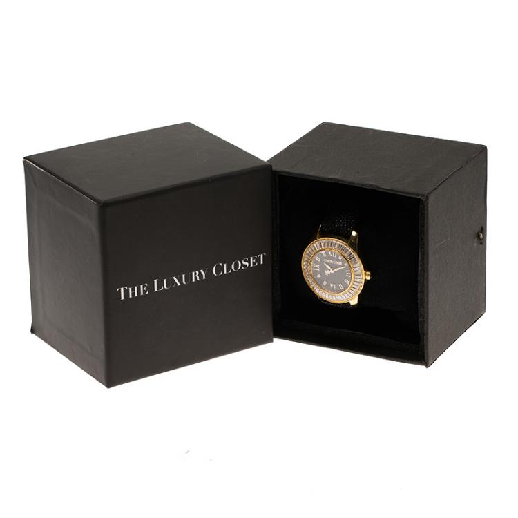 Pre Owned Roberto Cavalli Black Gold-Plated Stainless Steel Crystal Fugit Women's Wristwatch 37MM