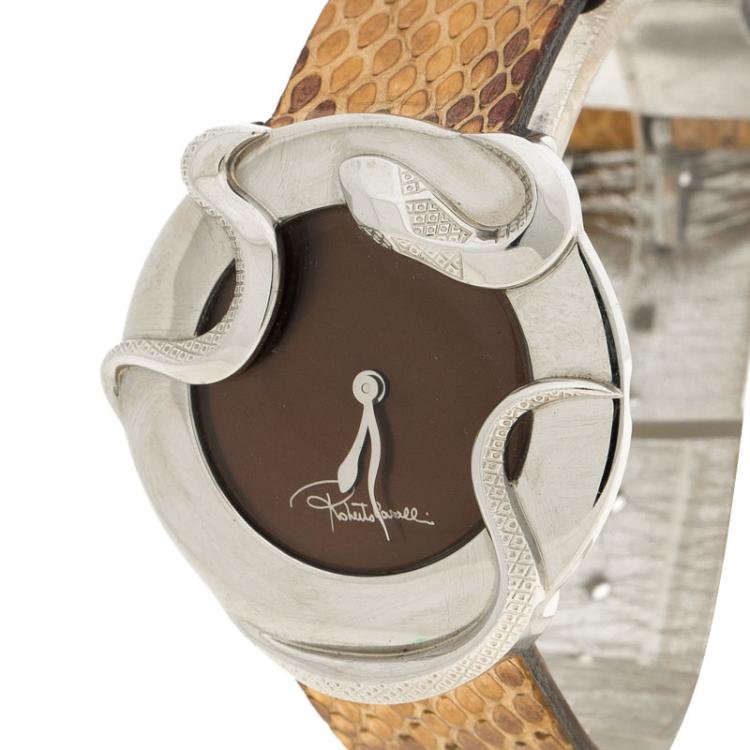 Pre Owned Roberto Cavalli Brown Stainless Steel Snake R7251165535 Women's Wristwatch 38MM
