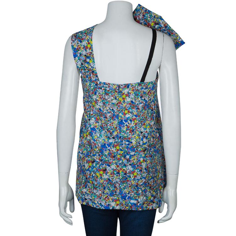 Pre Owned Roksanda Ilincic Multicolor Floral Print Textured Silk Draped Asymmetric Top M