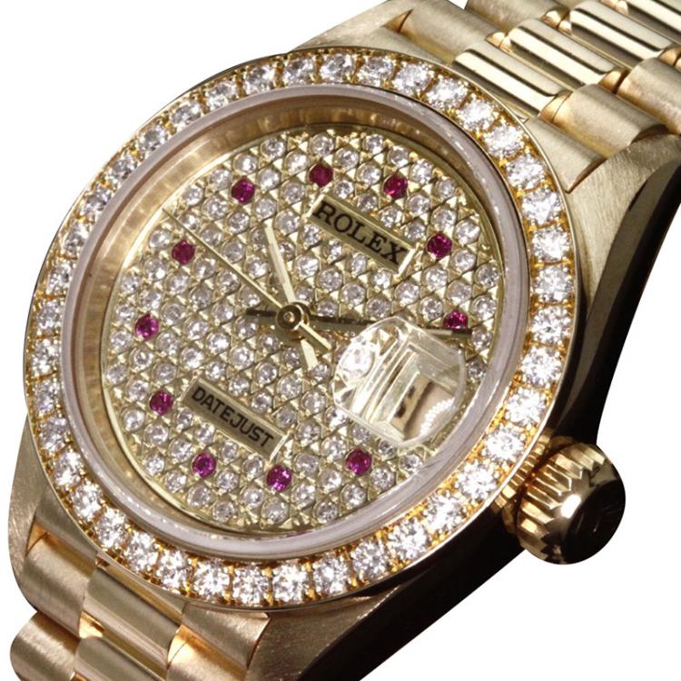 Pre Owned Rolex Diamond Pave 18K Yellow Gold Diamond Datejust Women's Wristwatch 26MM