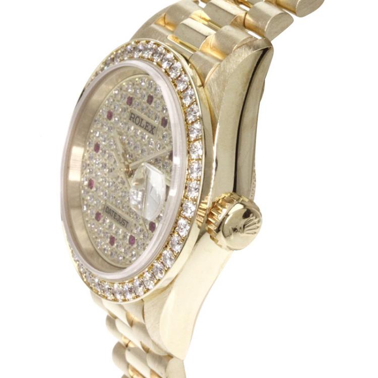 Pre Owned Rolex Diamond Pave 18K Yellow Gold Diamond Datejust Women's Wristwatch 26MM