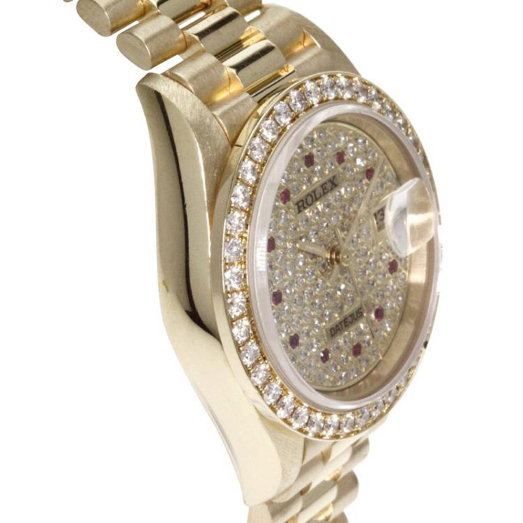 Pre Owned Rolex Diamond Pave 18K Yellow Gold Diamond Datejust Women's Wristwatch 26MM