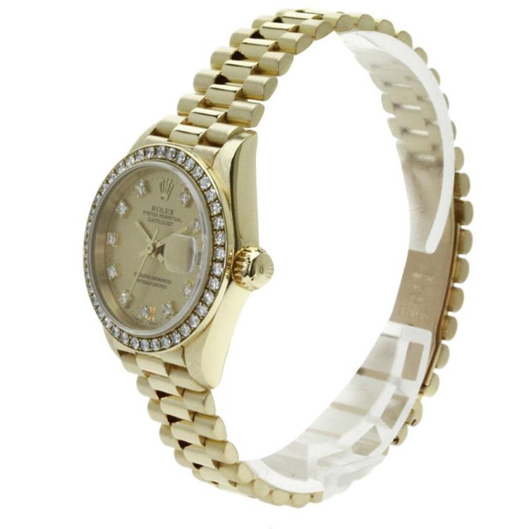 Pre Owned Rolex Champagne Gold 18K Yellow Gold Diamond Datejust Women's Wristwatch 26MM